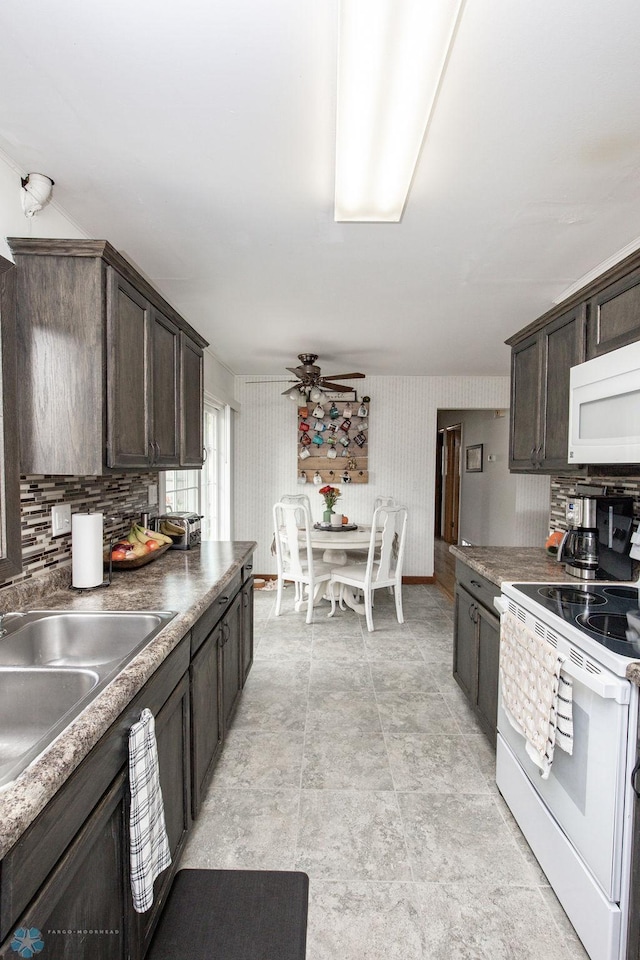 kitchen featuring tasteful backsplash, sink, white appliances, dark brown cabinetry, and ceiling fan