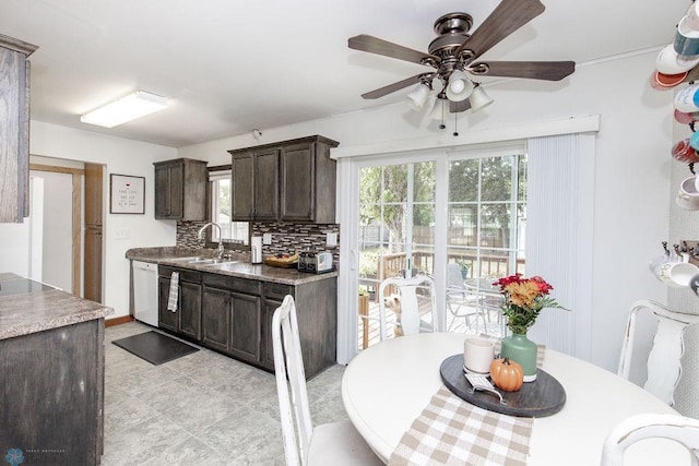 kitchen featuring dark brown cabinets, dishwasher, tasteful backsplash, sink, and ceiling fan