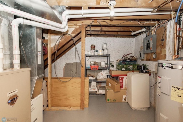 basement with water heater and electric panel