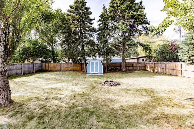 view of yard featuring a storage shed