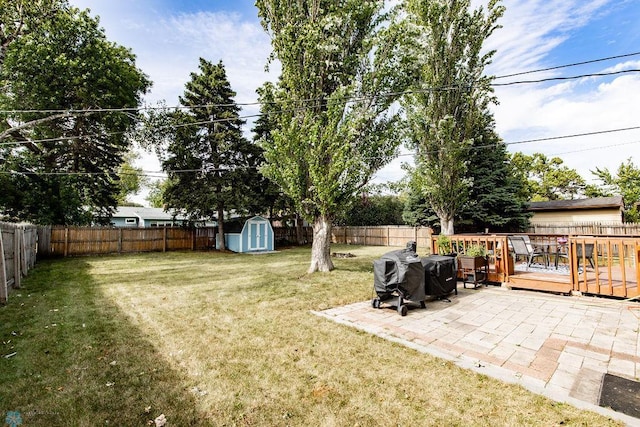 view of yard with a patio, a wooden deck, and a storage unit