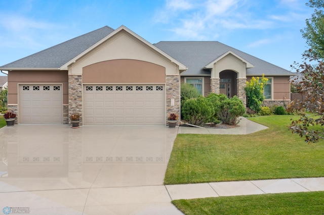 ranch-style house featuring a garage and a front lawn