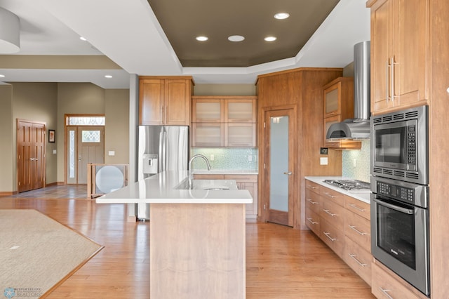 kitchen featuring tasteful backsplash, a kitchen island with sink, exhaust hood, appliances with stainless steel finishes, and light wood-type flooring