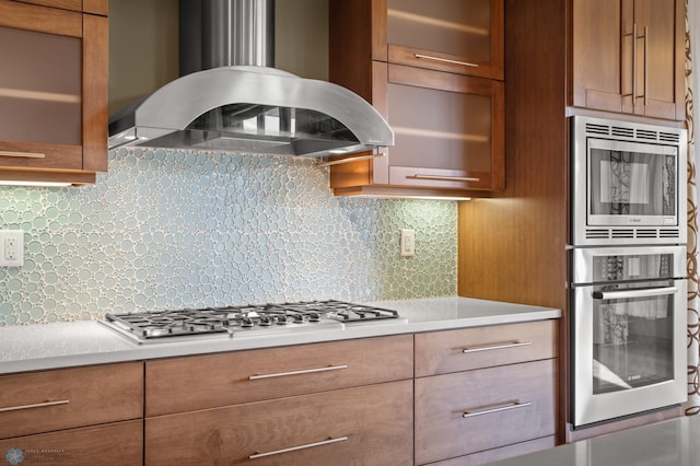 kitchen featuring exhaust hood, appliances with stainless steel finishes, and decorative backsplash