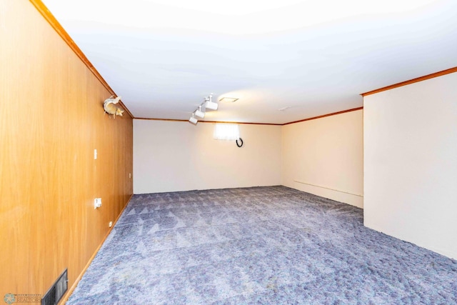 carpeted empty room featuring wood walls and ornamental molding