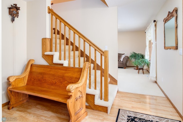 stairs with hardwood / wood-style flooring