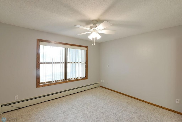 carpeted empty room featuring a textured ceiling, baseboard heating, and ceiling fan