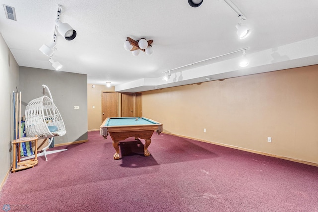 playroom with carpet floors, track lighting, and billiards