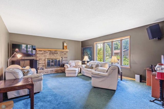 carpeted living room with a textured ceiling and a fireplace