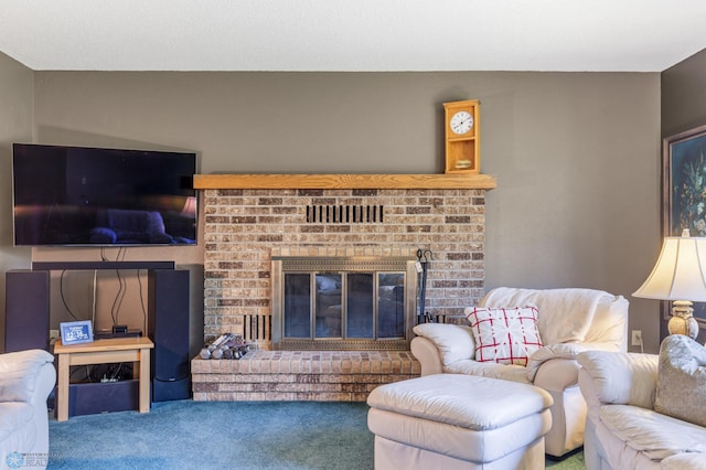 living room featuring carpet and a brick fireplace