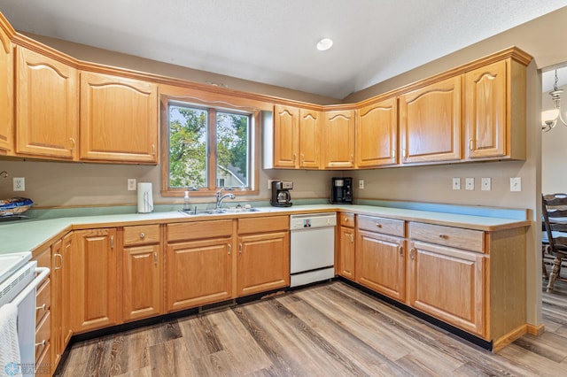 kitchen featuring wood-type flooring, vaulted ceiling, sink, and white appliances