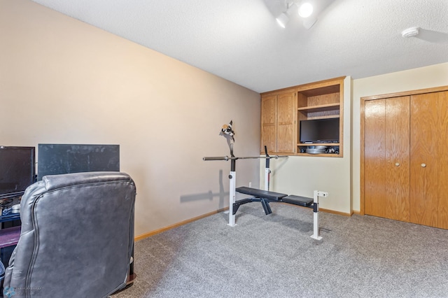 home office featuring carpet and a textured ceiling