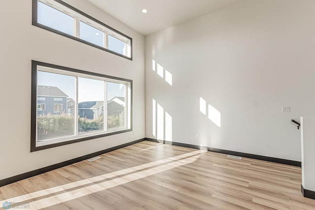 interior space with light hardwood / wood-style flooring, a high ceiling, and plenty of natural light