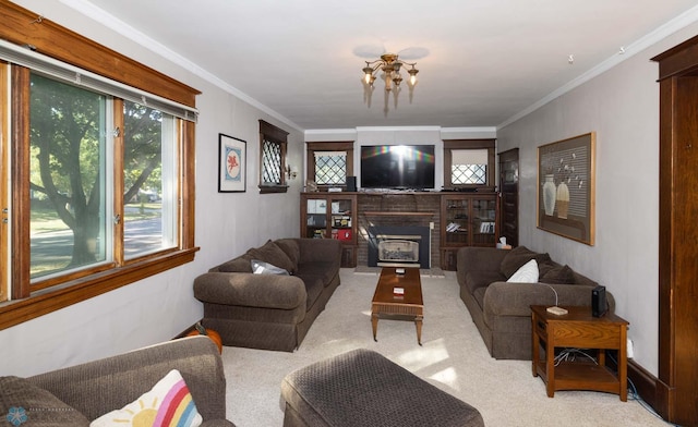 carpeted living room with ornamental molding and a fireplace