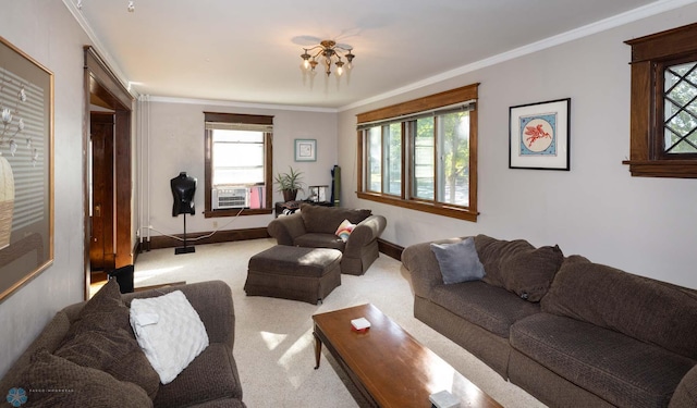 living room with light colored carpet and ornamental molding