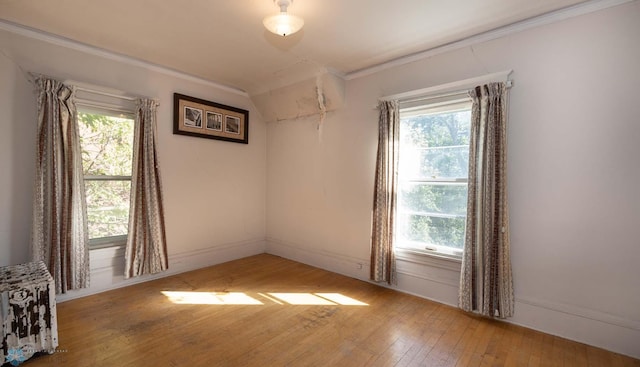 spare room with ornamental molding, hardwood / wood-style flooring, and a healthy amount of sunlight