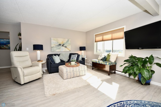 living room with a textured ceiling and light hardwood / wood-style flooring