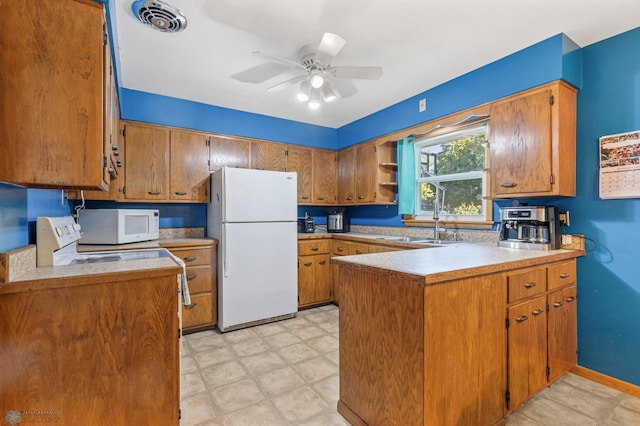 kitchen featuring ceiling fan, sink, kitchen peninsula, and white appliances