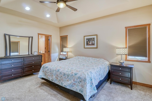 carpeted bedroom featuring ceiling fan