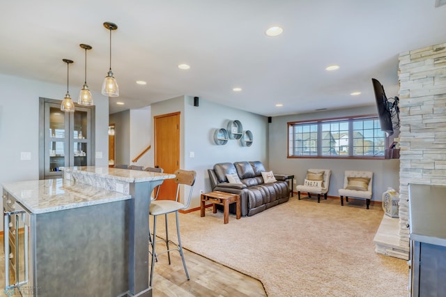 interior space with light colored carpet and wine cooler