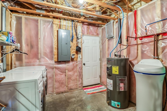 basement featuring water heater, electric panel, and washer and dryer