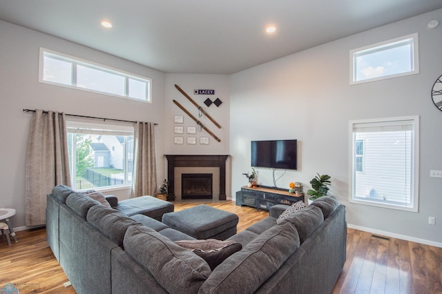 living room with a high ceiling and hardwood / wood-style flooring