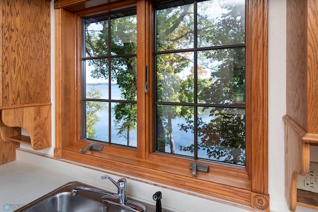 interior details with sink and a water view