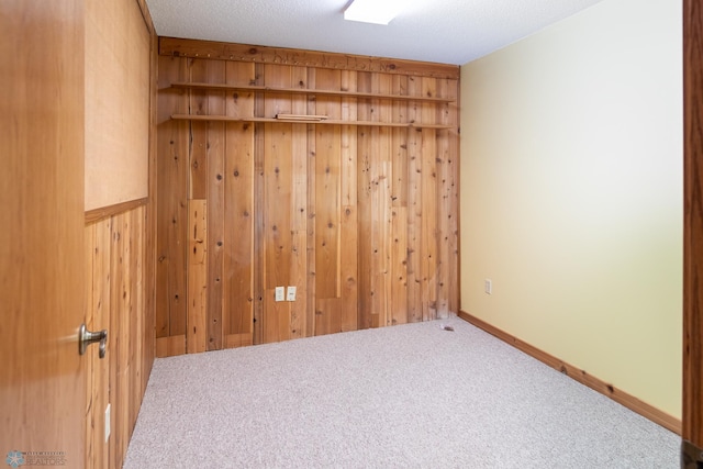 carpeted empty room with a textured ceiling and wooden walls