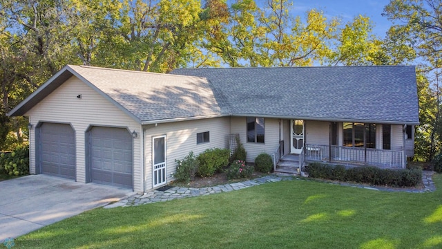 single story home with a garage, a porch, and a front lawn