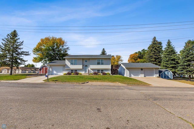 split foyer home with a porch and a storage unit