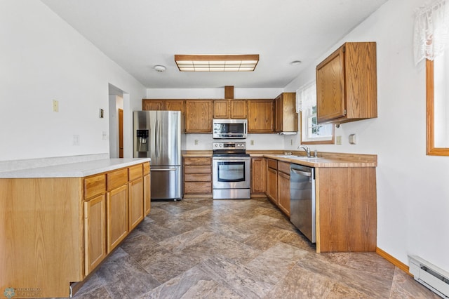 kitchen featuring appliances with stainless steel finishes, sink, and a baseboard heating unit