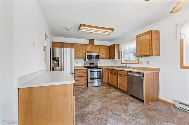 kitchen featuring baseboard heating, sink, and stainless steel appliances