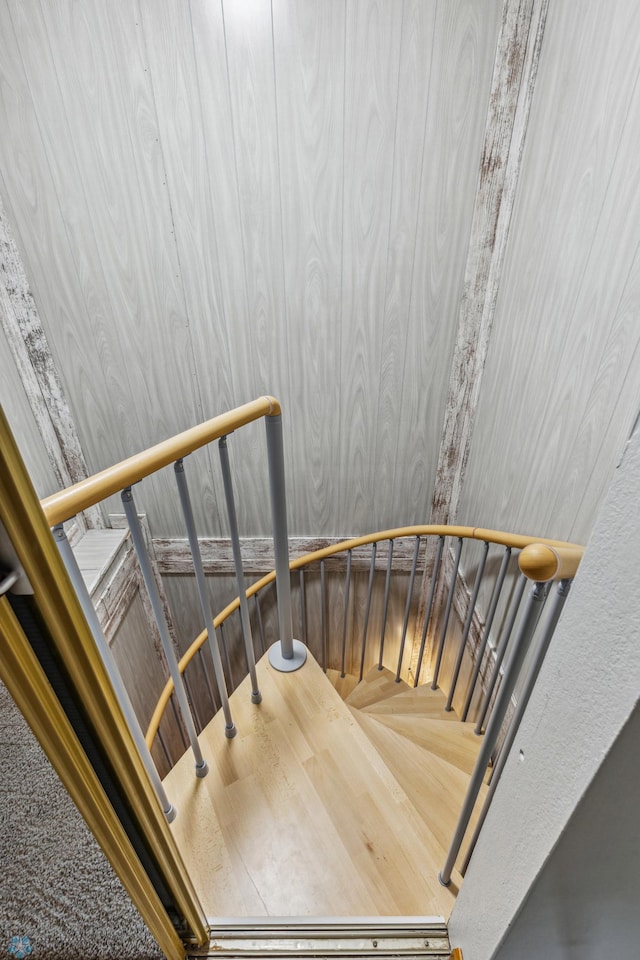 staircase with wood walls