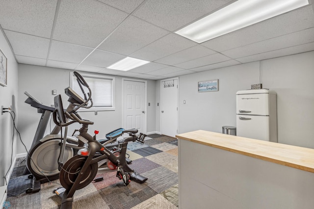 exercise area featuring carpet flooring and a drop ceiling