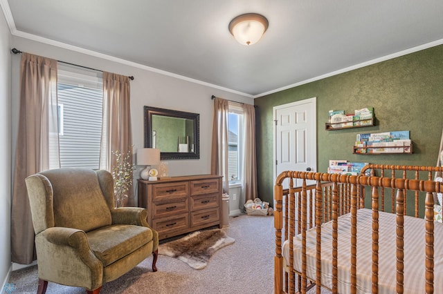 bedroom featuring ornamental molding and carpet