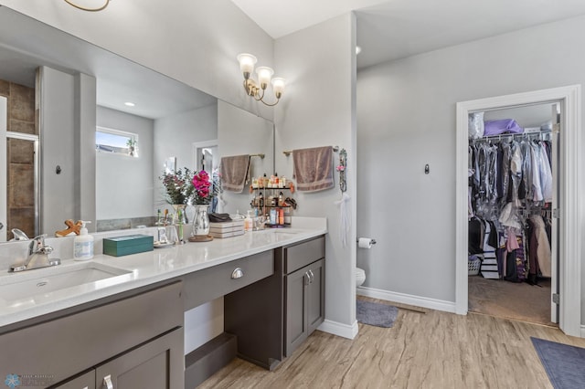 bathroom with vanity, a shower with shower door, hardwood / wood-style floors, and toilet