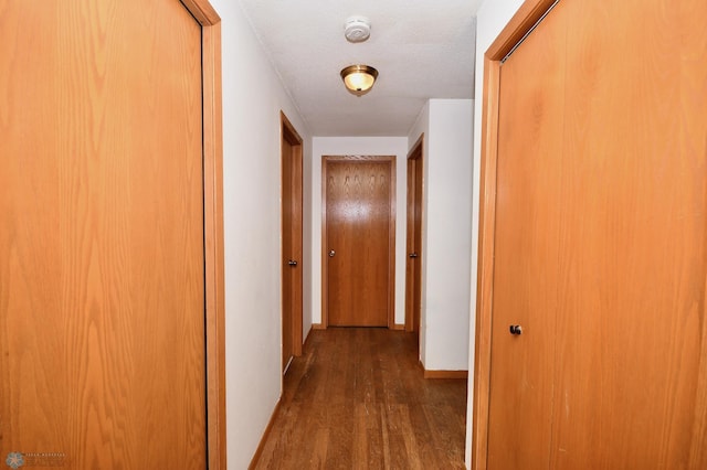 hall with a textured ceiling and dark hardwood / wood-style flooring