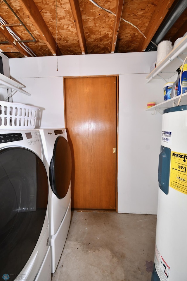 laundry room featuring water heater and washer and clothes dryer