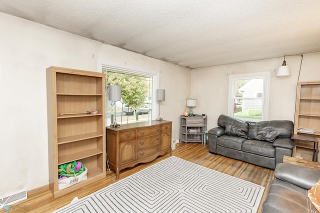 living room with a textured ceiling and light wood-type flooring