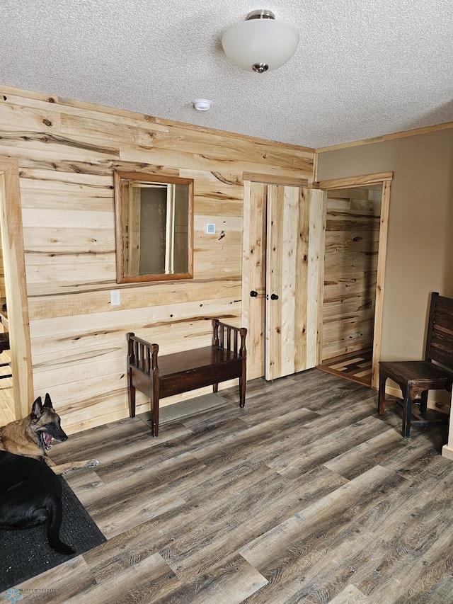 sitting room featuring a textured ceiling, wooden walls, and dark hardwood / wood-style floors