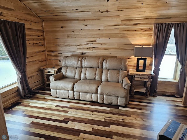 interior space featuring wood ceiling, vaulted ceiling, light hardwood / wood-style floors, and wood walls