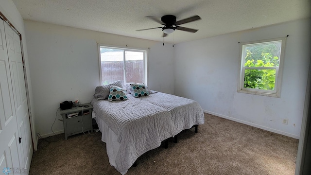 bedroom with ceiling fan, carpet, and multiple windows