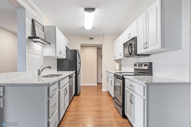 kitchen featuring sink, tasteful backsplash, white cabinetry, stainless steel appliances, and light wood-type flooring