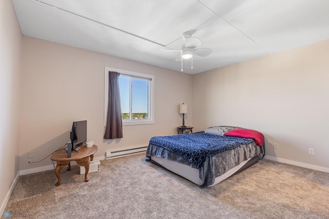 bedroom with carpet flooring, ceiling fan, and a baseboard heating unit