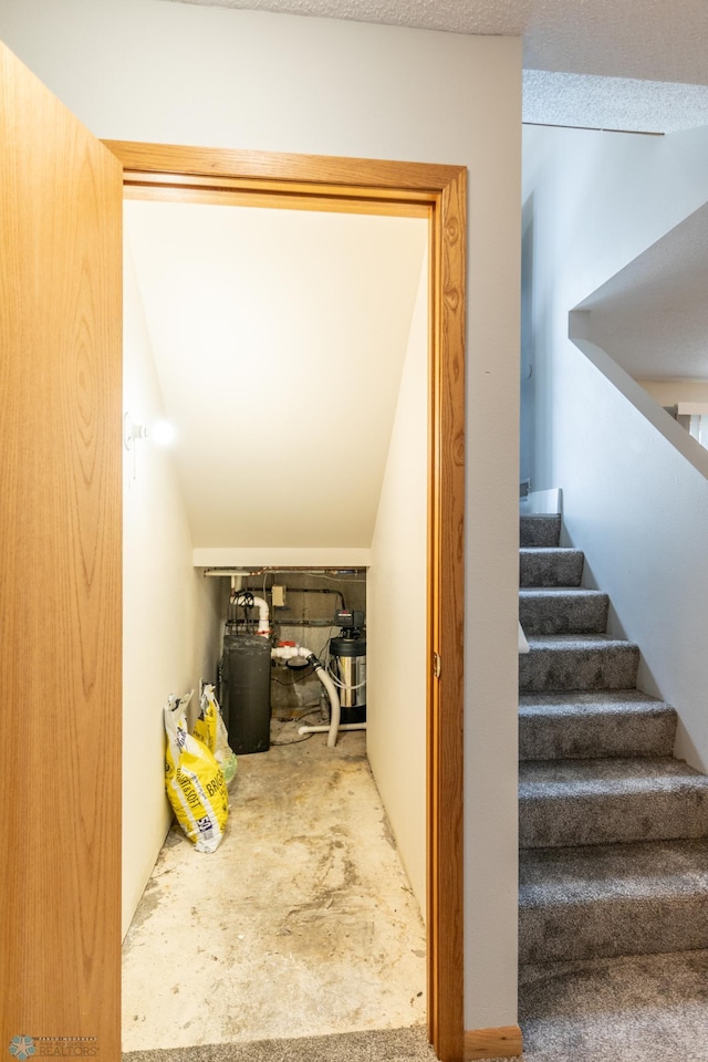 staircase featuring vaulted ceiling