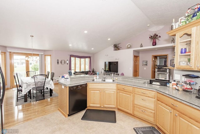 kitchen featuring dishwasher, sink, light hardwood / wood-style flooring, light brown cabinets, and decorative light fixtures