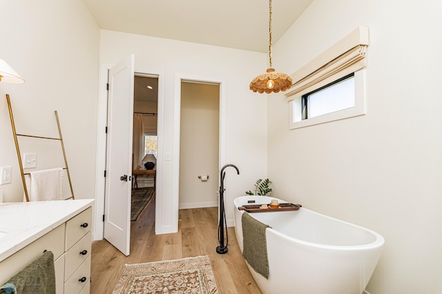 bathroom with vanity, a bathtub, and hardwood / wood-style flooring