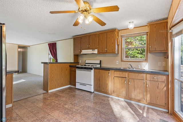 kitchen featuring a textured ceiling, white range, sink, and a healthy amount of sunlight