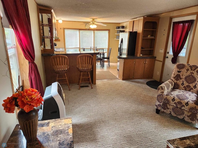 living room with ceiling fan, a textured ceiling, and light carpet