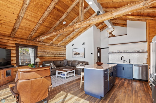 living room featuring wood ceiling, beamed ceiling, and dark wood-type flooring